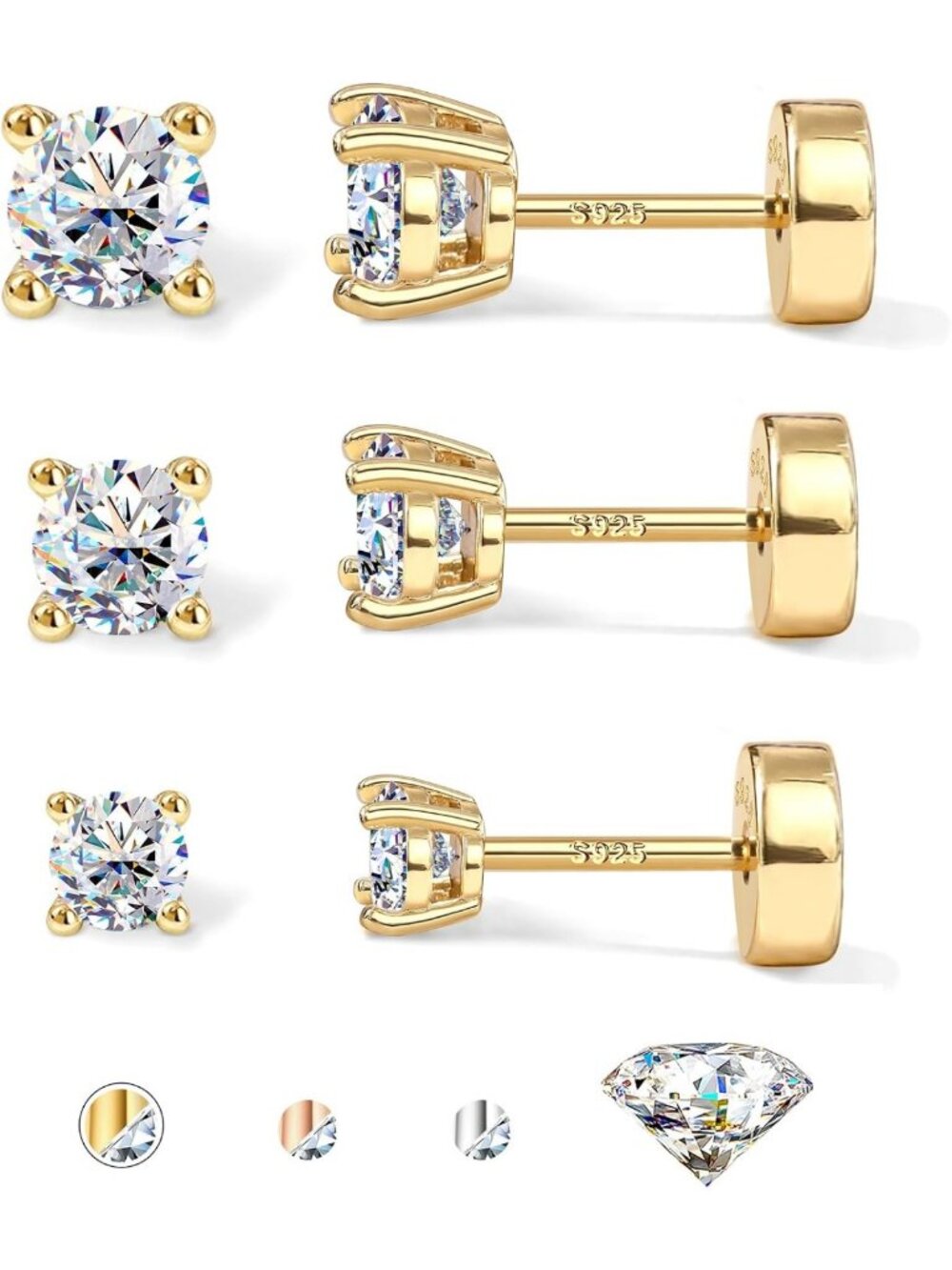Elegant Moissanite Stud Earrings - 3/4 Pairs Flat Back 925 Sterling Silver